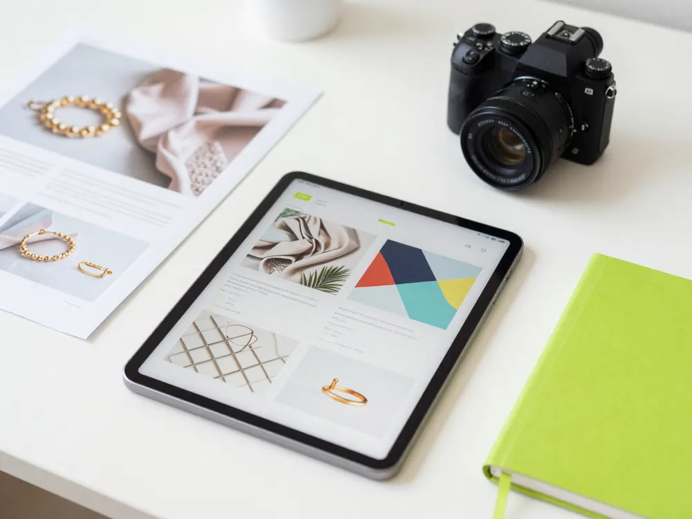 Product photos, a tablet with designs and a camera on a desk