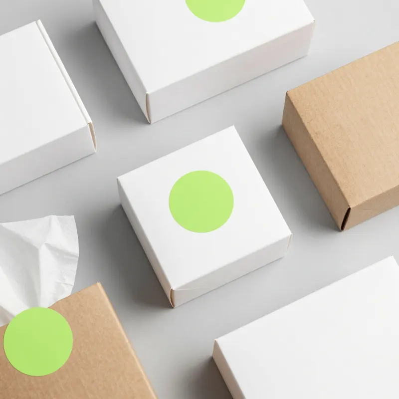 White and kraft product boxes with lime green seals