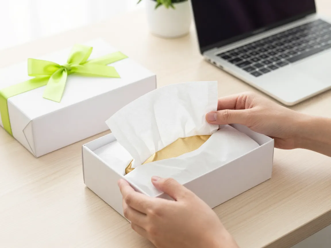Hands packing an online order into a gift box